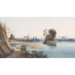 Village beside a lake, late 18th century watercolour, unsigned, 12cm x 22cm, framed Good condition