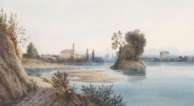 Village beside a lake, late 18th century watercolour, unsigned, 12cm x 22cm, framed Good condition