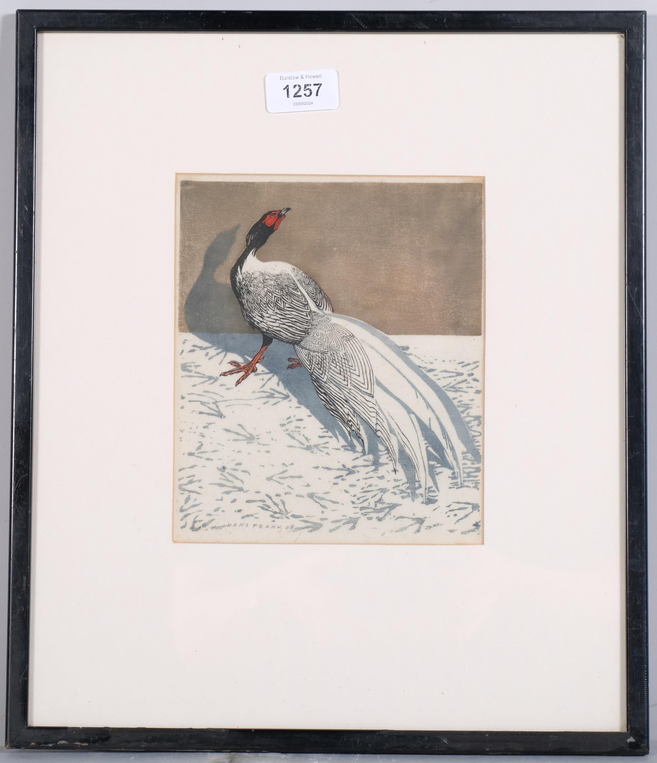 Hans Frank (1884 - 1948), pheasant, colour woodcut print, signed in pencil, dated '08, image 19cm - Image 2 of 4