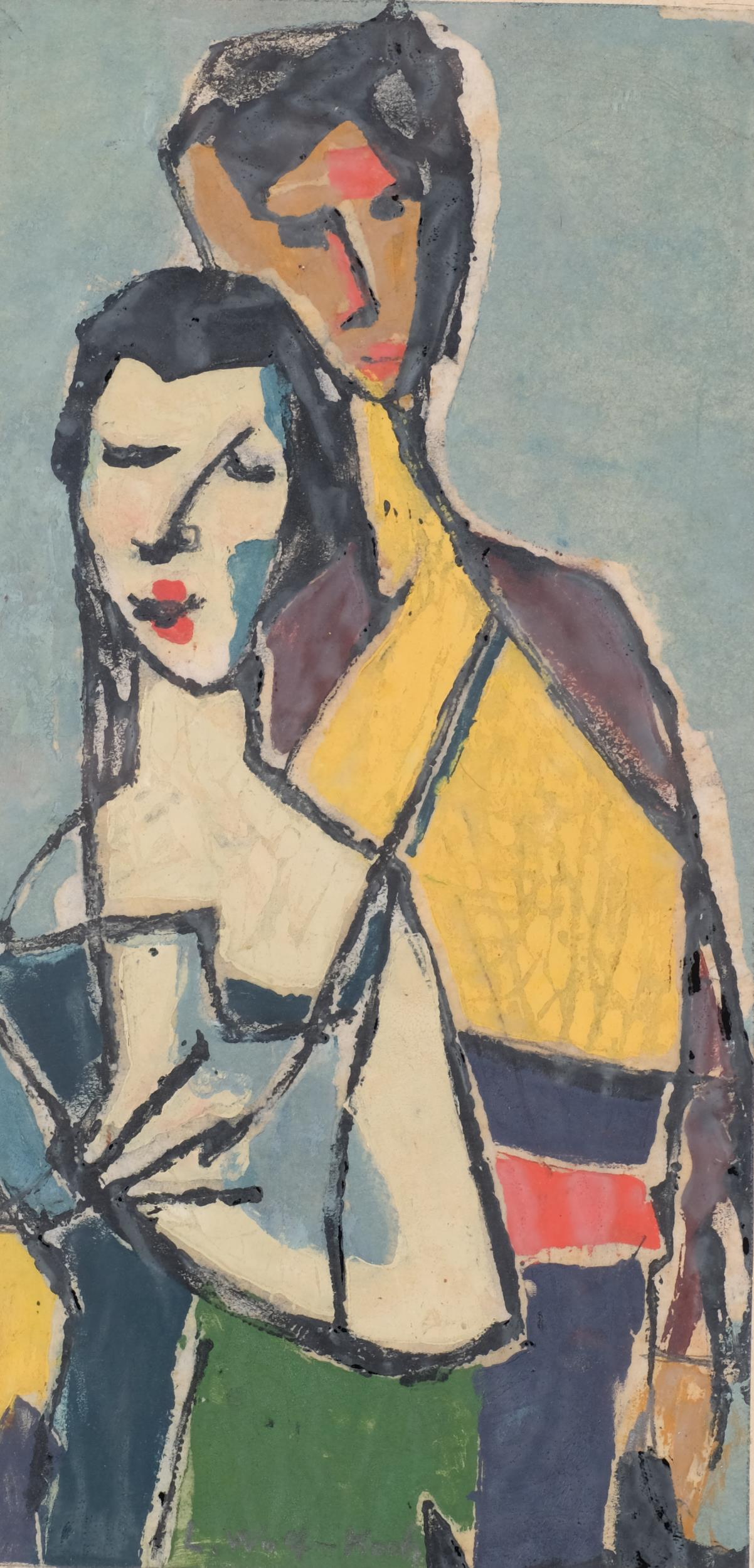 Lotte Wolf-Koch (1909 - 1977), 2 figures, oil on paper, signed, 32cm x 16cm, clip frame Good