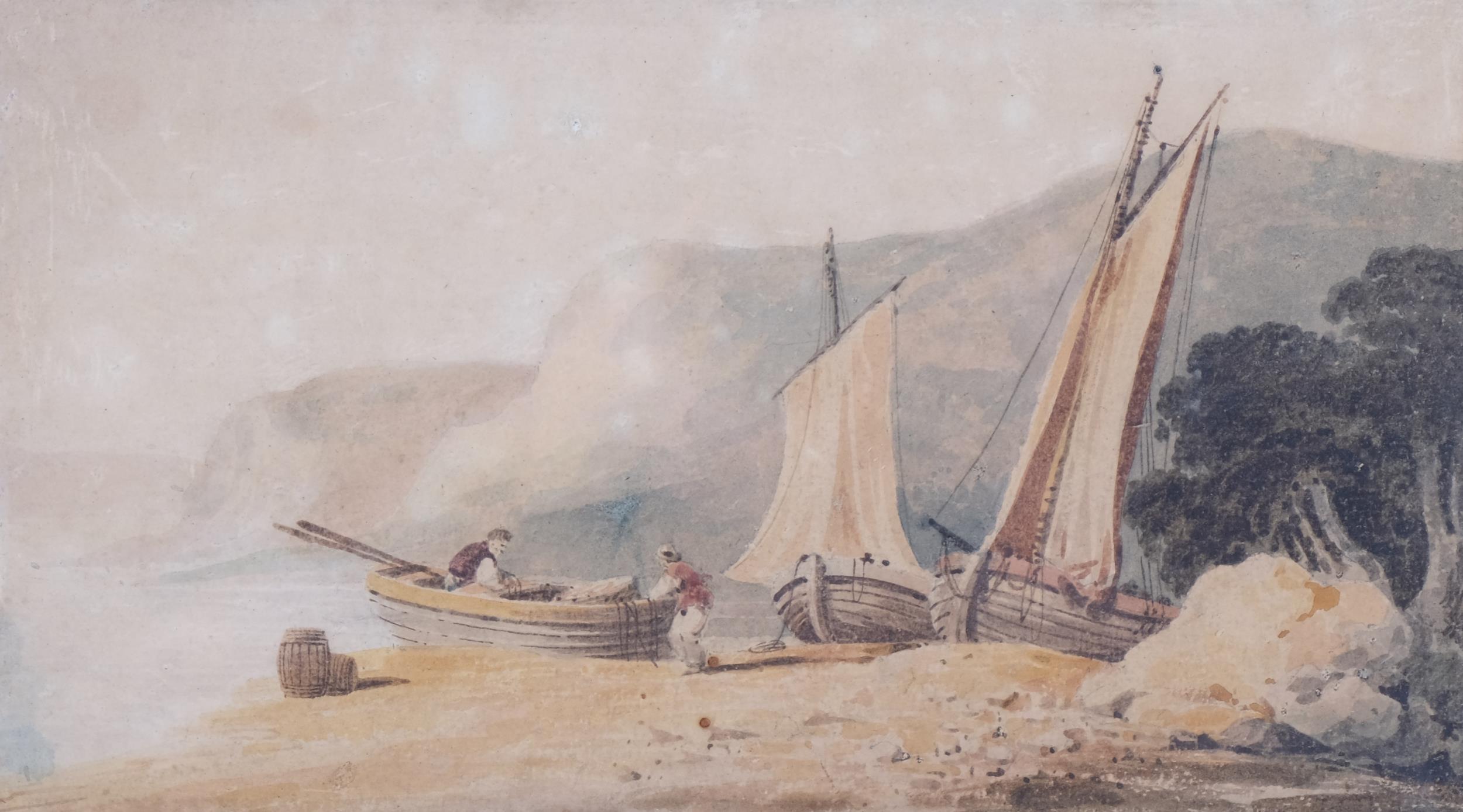 Beached fishing boats, early 19th century watercolour, unsigned, 15cm x 28cm, framed Paper