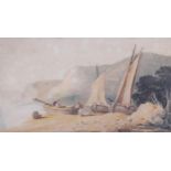 Beached fishing boats, early 19th century watercolour, unsigned, 15cm x 28cm, framed Paper