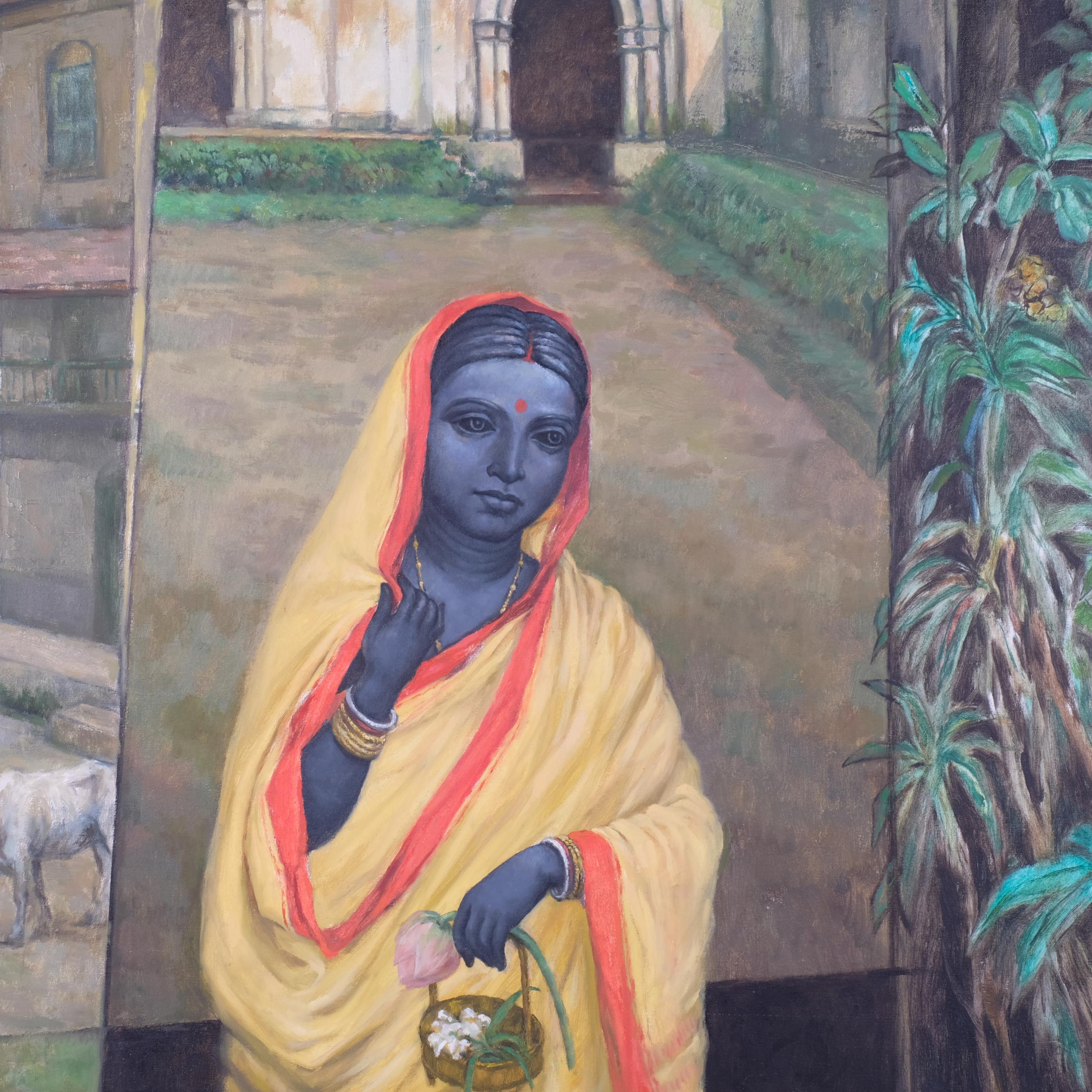 Isha Mahammad (Indian), departing Lakshmi, oil on canvas, signed and dated 1997, 91cm x 105cm, - Image 2 of 4