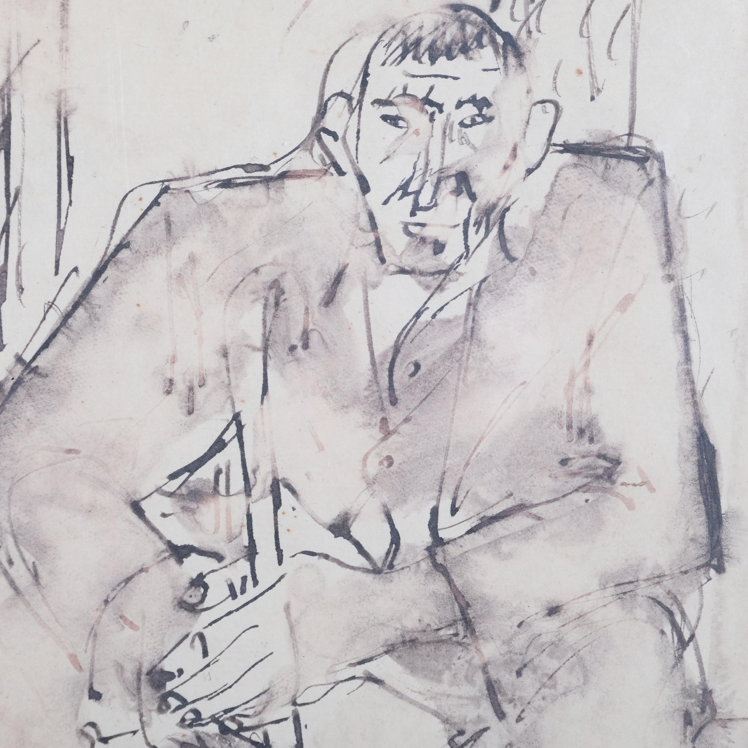 Attributed Josef Herman (1911 - 2000), seated man, ink and wash, 25cm x 19cm, framed - Image 3 of 4