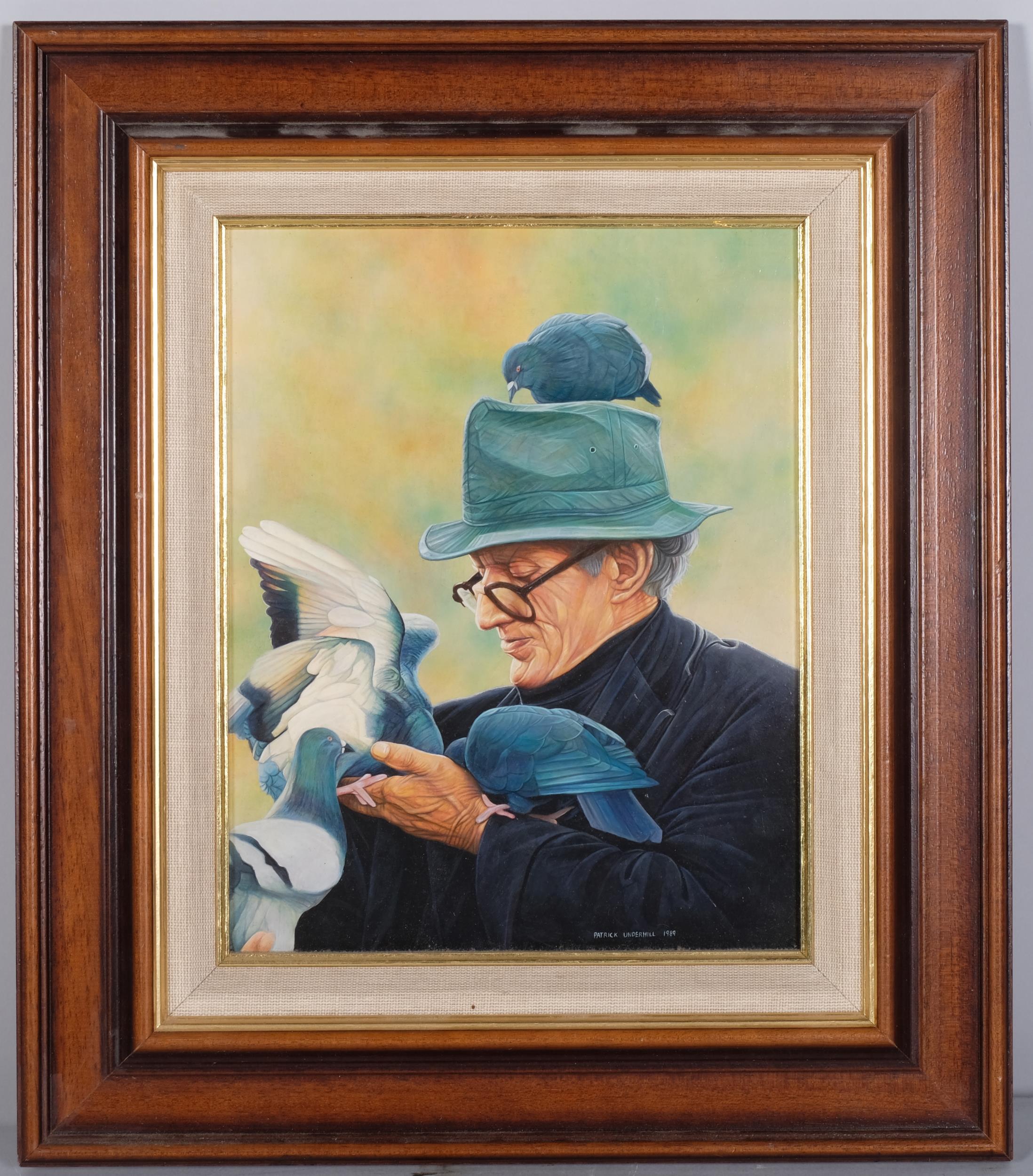 Patrick Underhill, man with pigeons, oil on board, signed and dated 1989, 24cm x 19cm, framed Good - Image 2 of 4