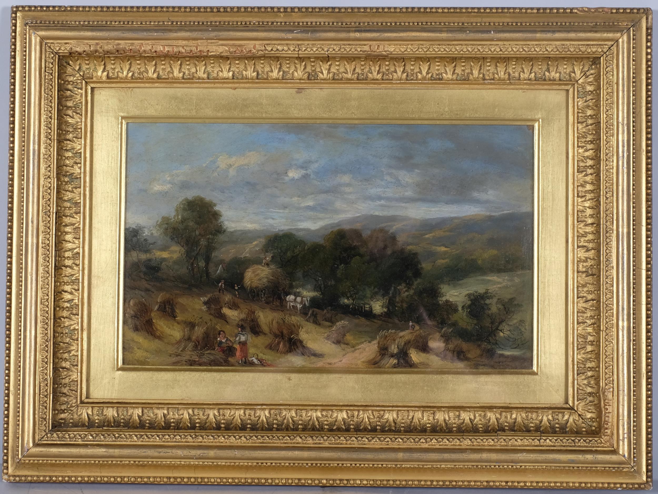 E Meadows, harvesting in Wharfedale, oil on panel, 22cm x 37cm, framed and glazed Good condition, no