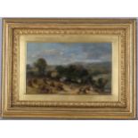 E Meadows, harvesting in Wharfedale, oil on panel, 22cm x 37cm, framed and glazed Good condition, no