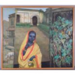 Isha Mahammad (Indian), departing Lakshmi, oil on canvas, signed and dated 1997, 91cm x 105cm,