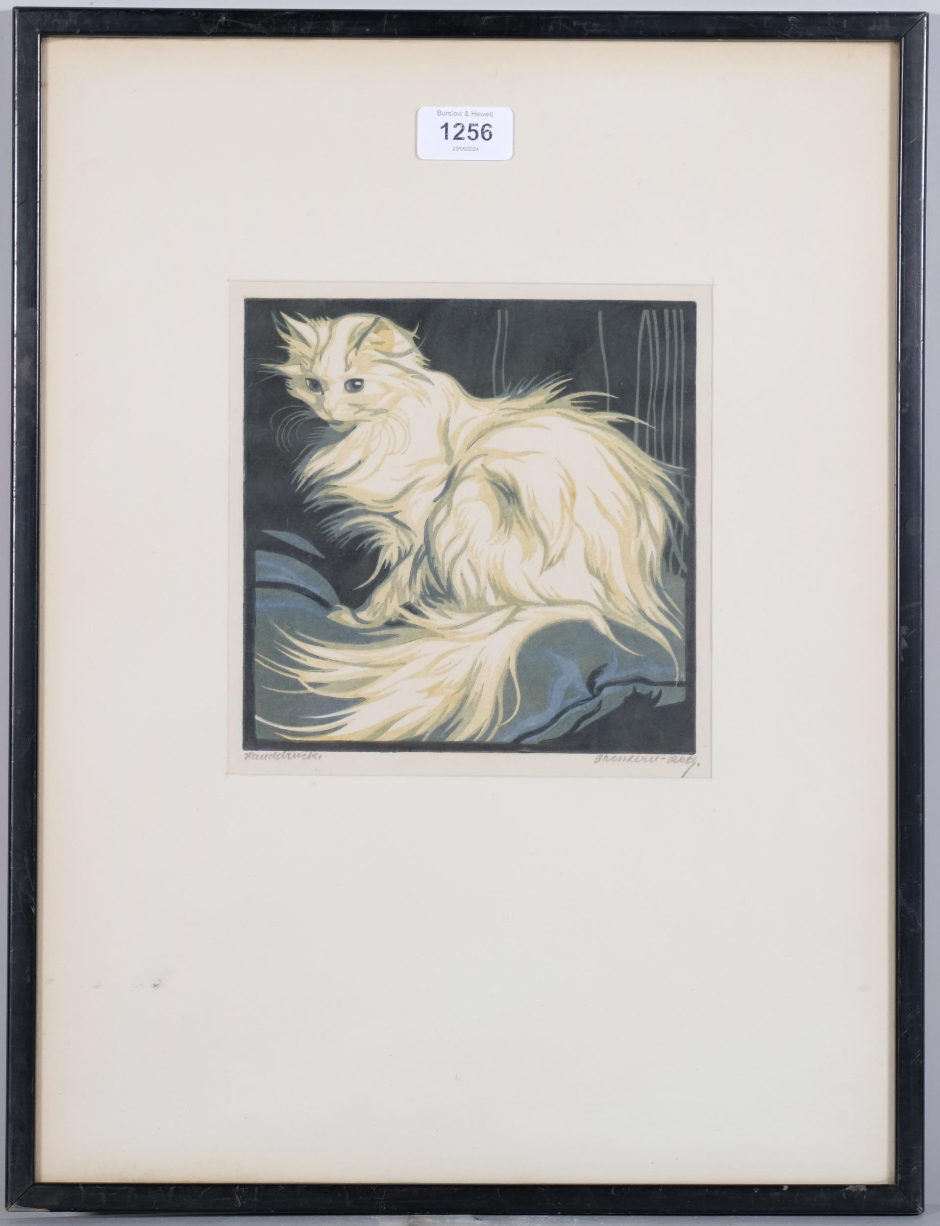 Norbertine Von Bresslern-Roth (1891 - 1978), long haired cat, colour linocut print, signed in - Image 2 of 4