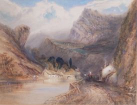 Mountain river scene, 19th century watercolour, unsigned, 31cm x 41cm, framed Good condition, no