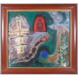 Abstract composition with snake, 20th century impasto oil on canvas, unsigned, 68cm x 76cm, framed