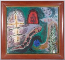 Abstract composition with snake, 20th century impasto oil on canvas, unsigned, 68cm x 76cm, framed