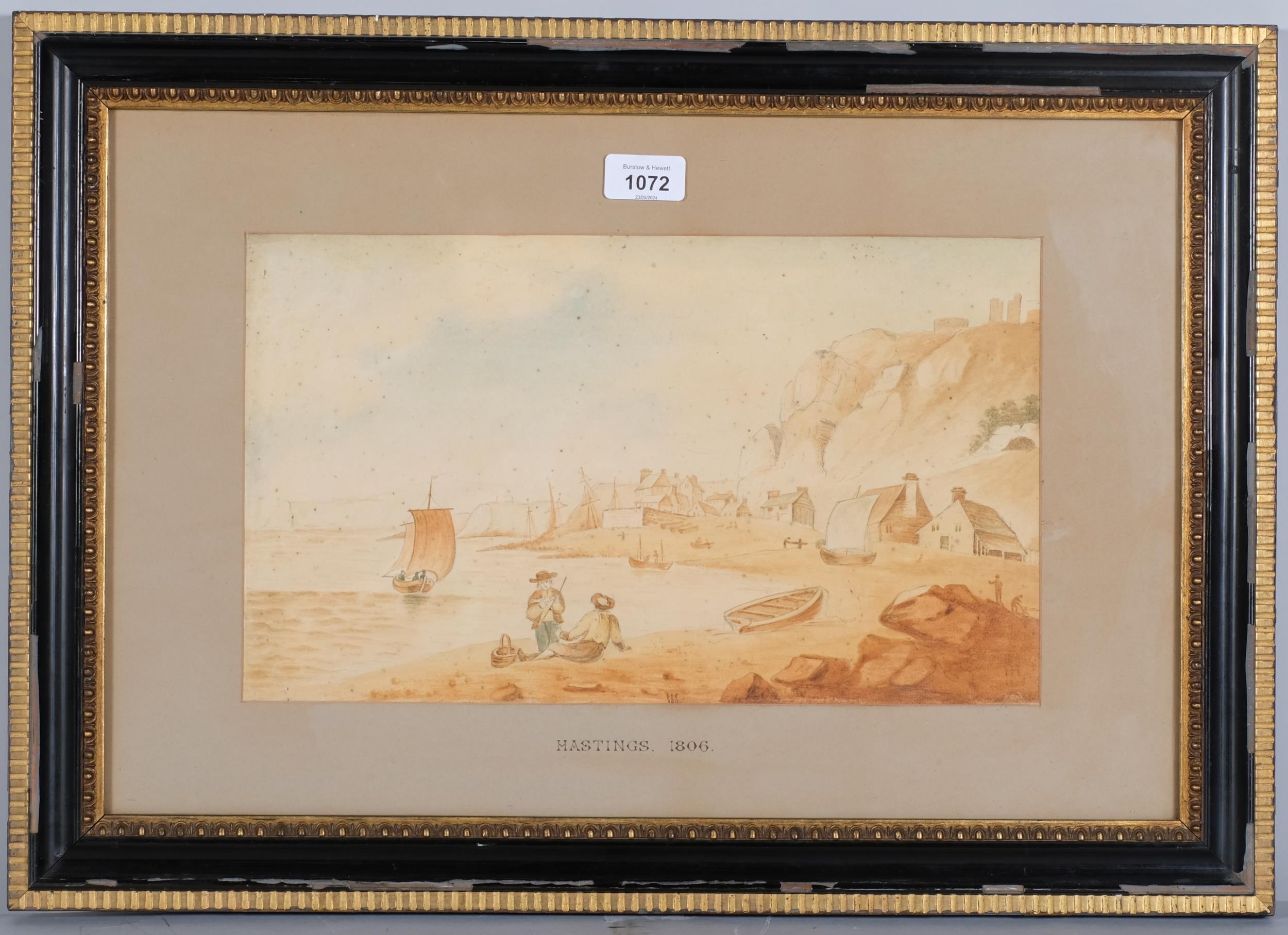 Hastings 1806, watercolour, signed with monogram HH and dated 1806, 22cm x 37cm, framed Foxing and - Image 2 of 4