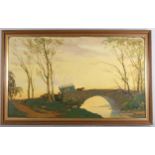 George Davidson, gypsy caravan over a bridge, oil on canvas, signed, 75cm x 125cm, framed 2 small