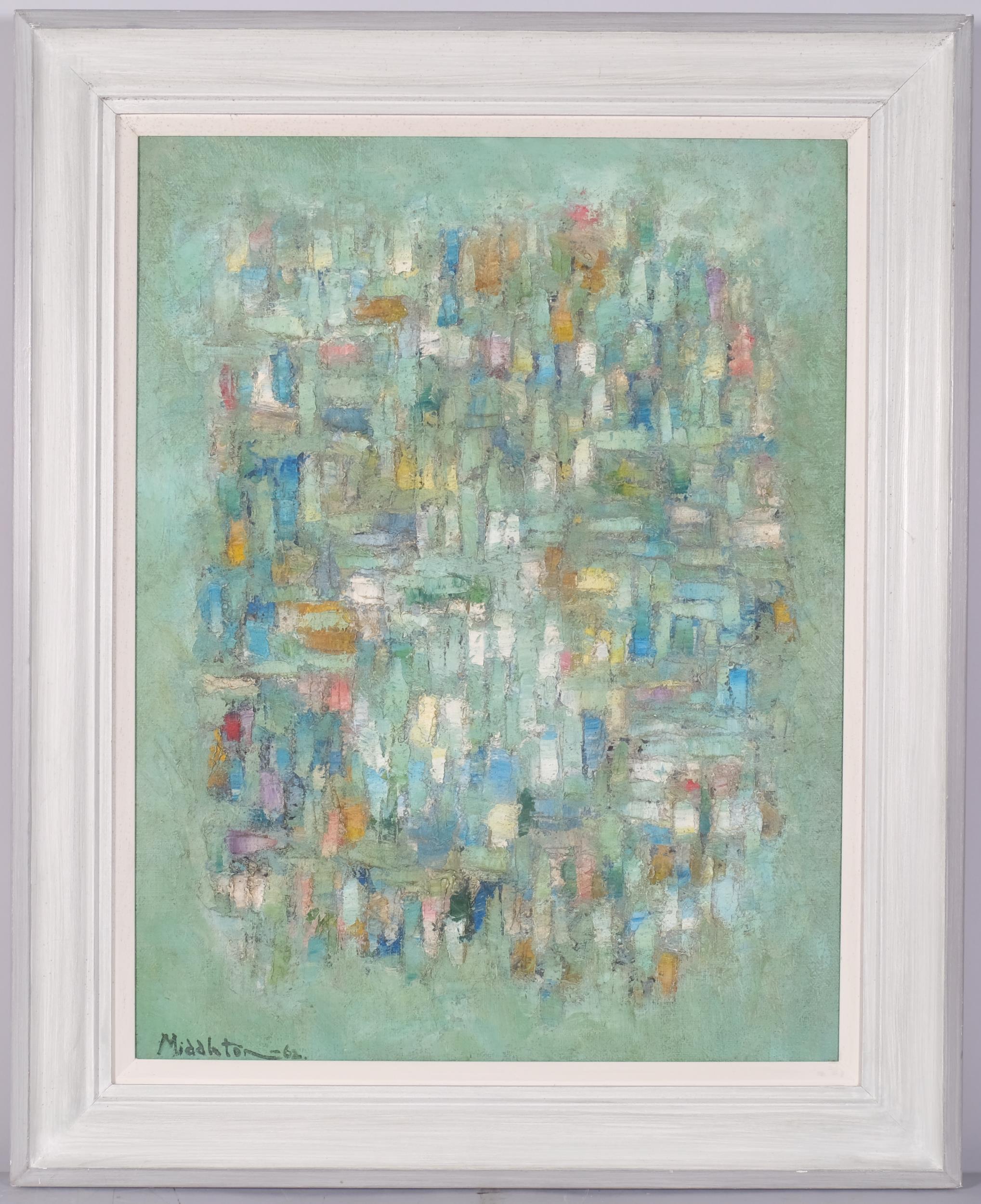 Derek Middleton, impasto abstract composition, oil on canvas, signed and dated 1962, 65cm x 50cm,