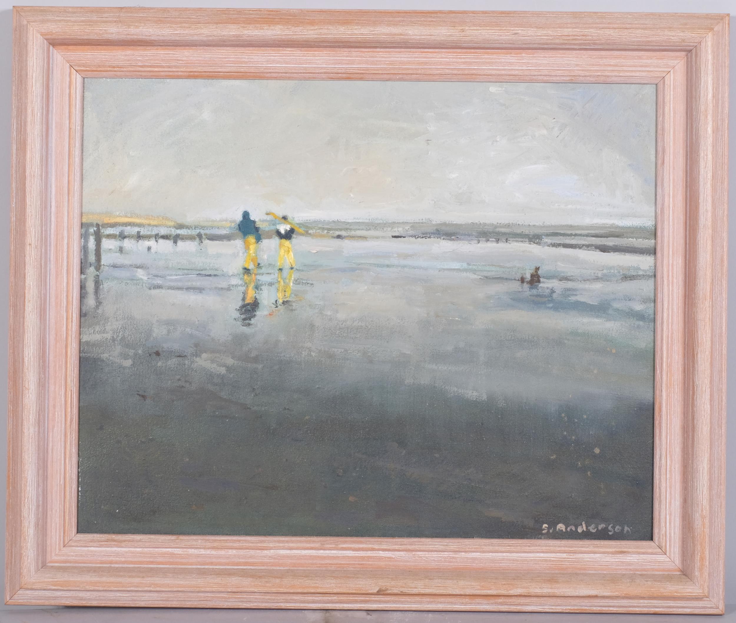 Sue Anderson, shrimpers, oil on canvas, signed, 30cm x 37cm, framed Good condition with a few