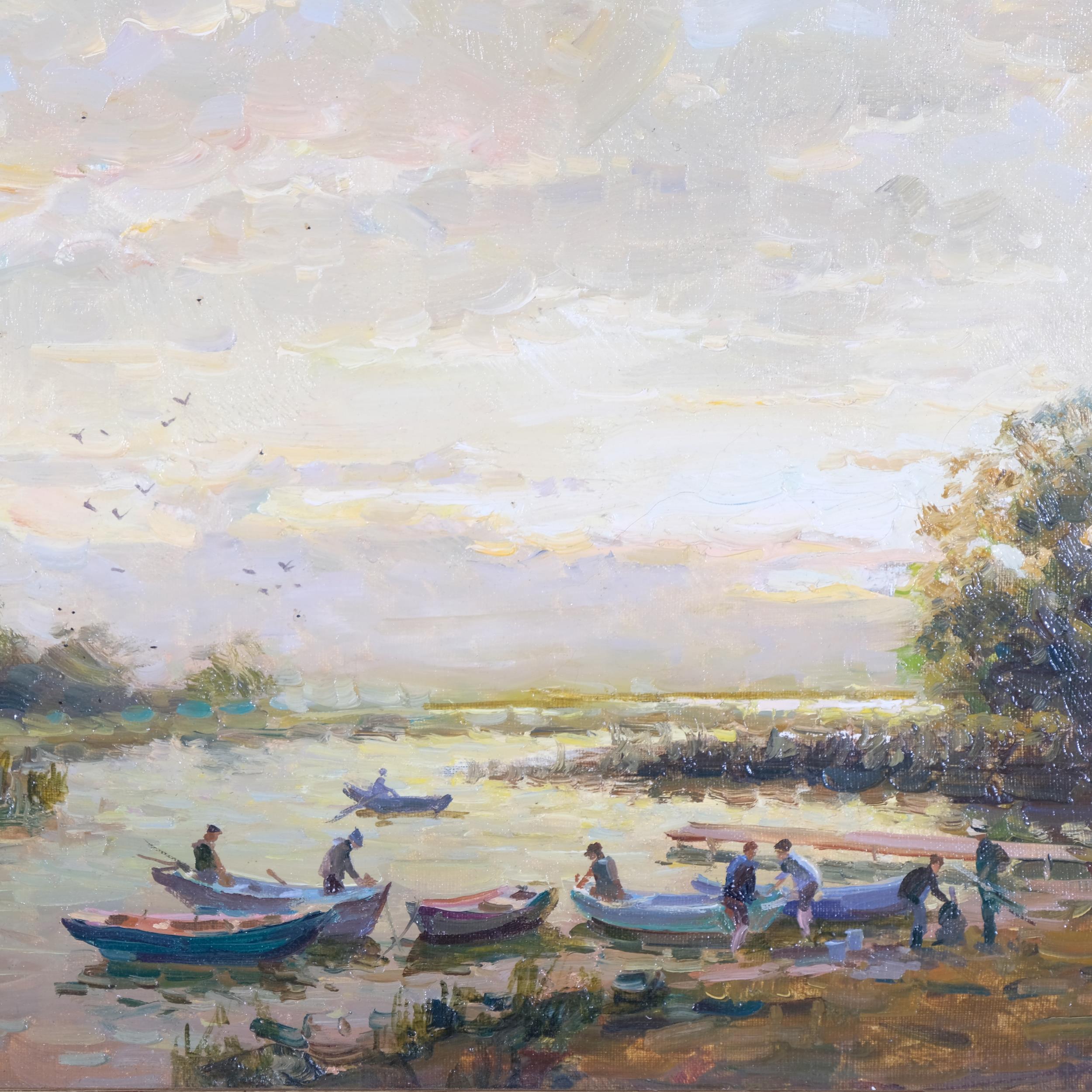 Vladimir Belsky (Russian, born 1949), fishermen at sunset, oil on canvas, signed, 27cm x 42cm, - Bild 2 aus 4