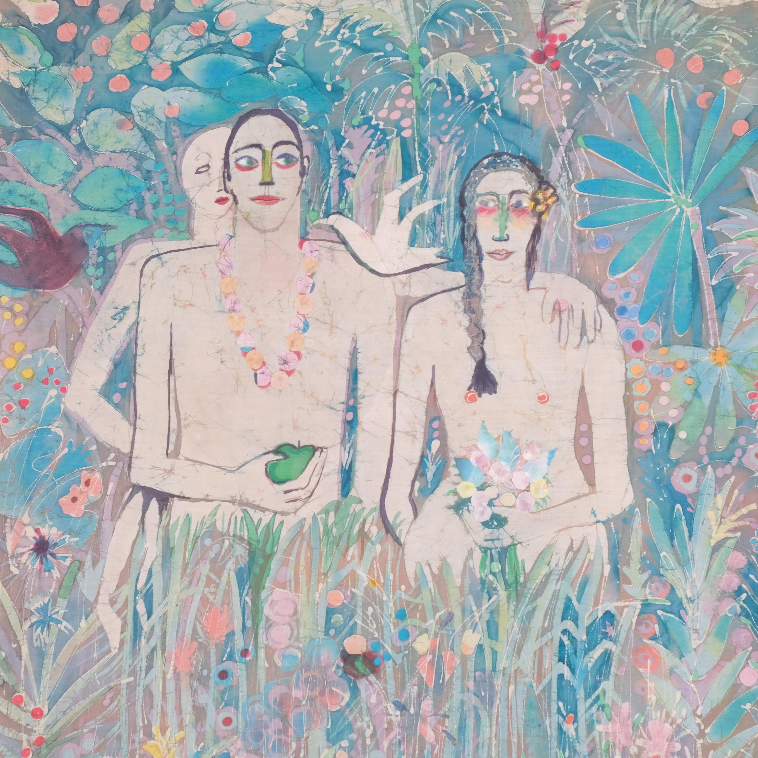 Kitty French (1929 - 1989), Adam and Eve, wax resist painting on fabric, framed with Exhibition - Image 2 of 4