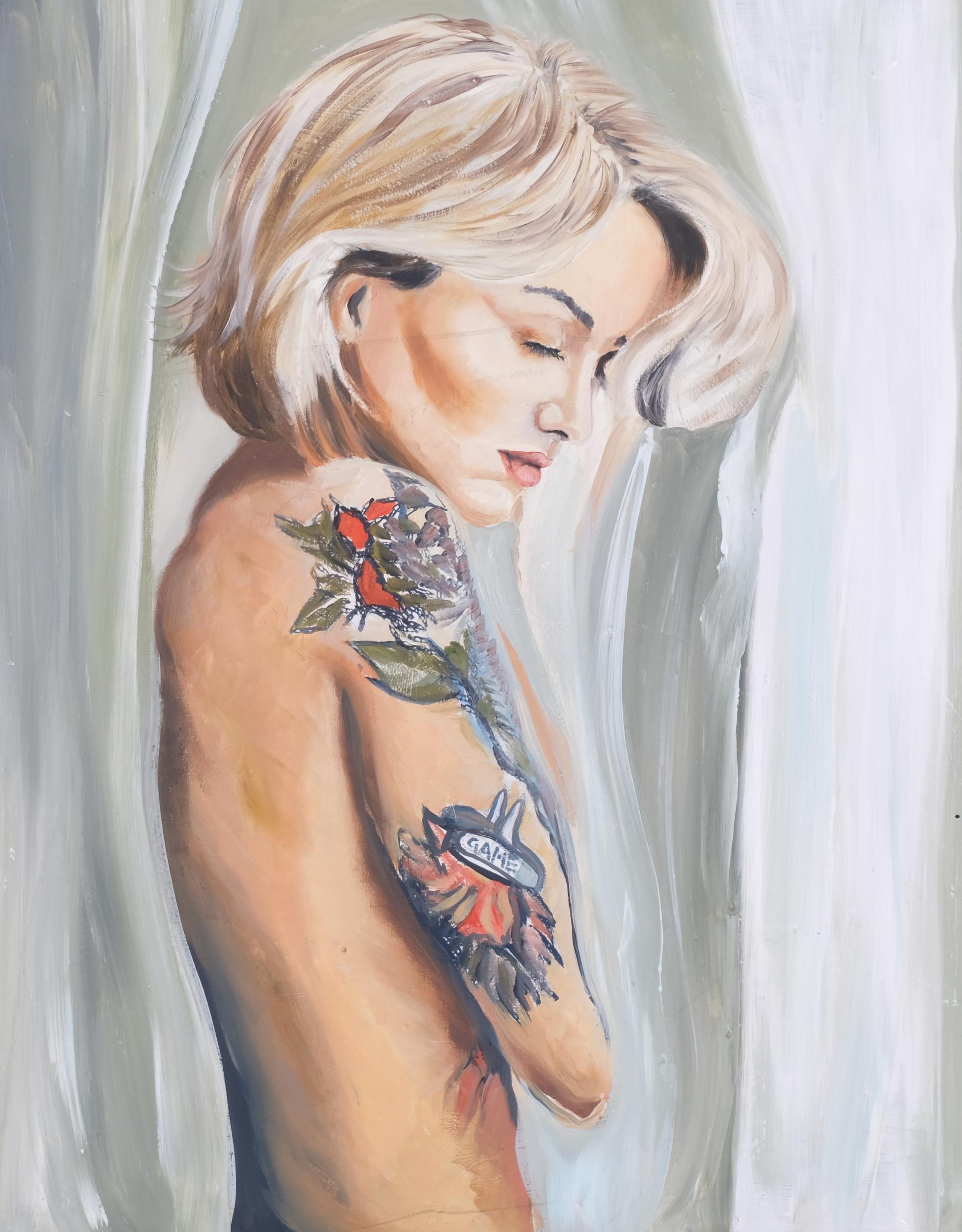 Portrait of a girl with tattoos, contemporary oil on board, unsigned, 75cm x 55cm, framed Good
