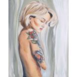 Portrait of a girl with tattoos, contemporary oil on board, unsigned, 75cm x 55cm, framed Good