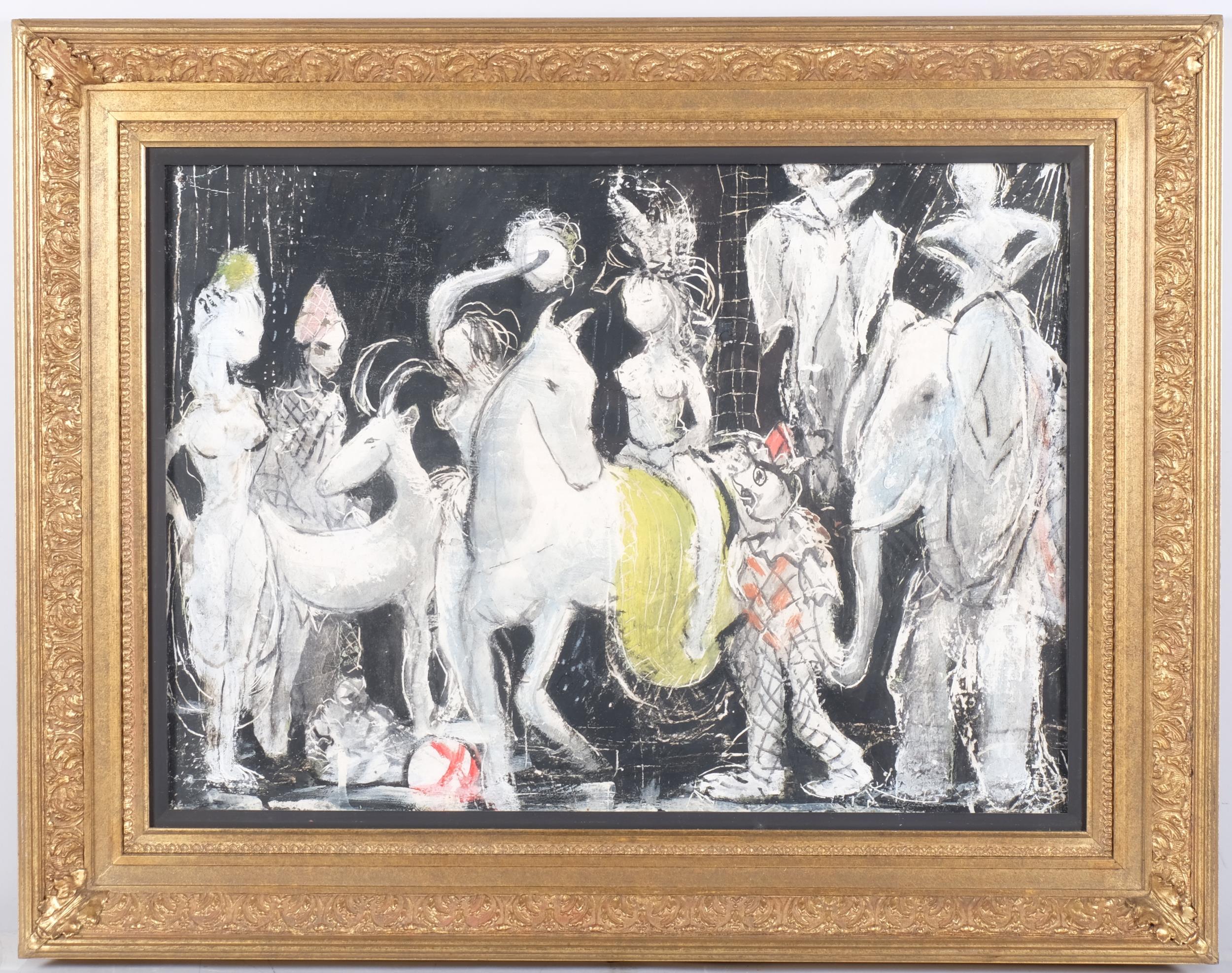 David Cox RWA ROI (1914 - 1979), circus performers, mixed media on board, inscribed verso, 41cm x