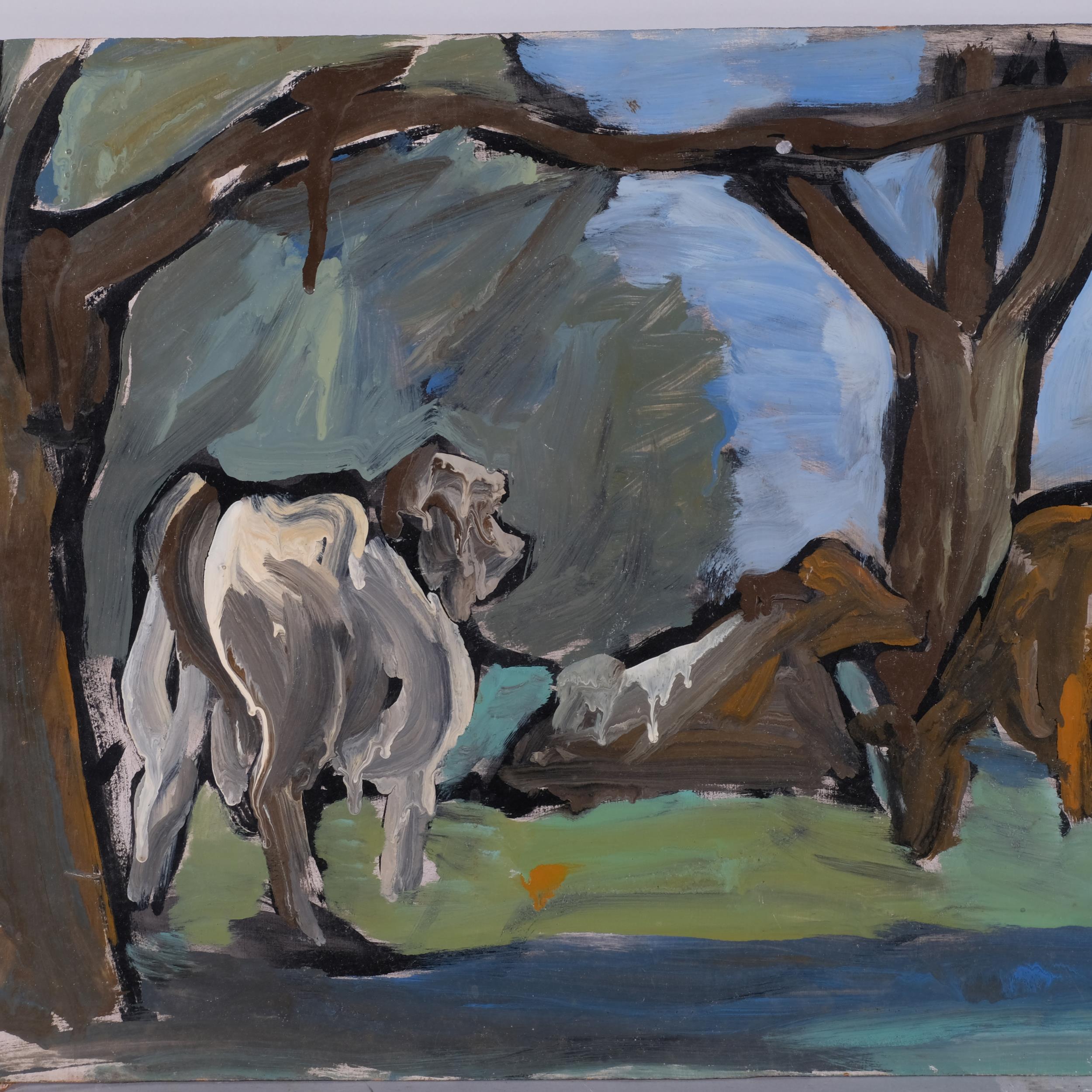 Maureen Robinette, cows sheltering under trees, mid-20th century oil on board, signed with monogram, - Image 2 of 4