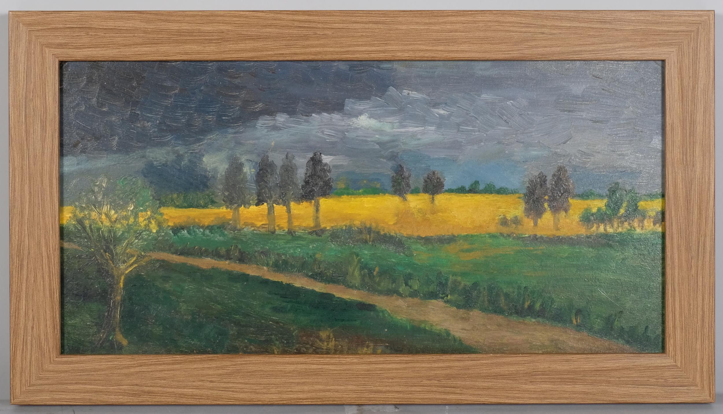 Contemporary Dutch School, storm swept landscape, oil on board, unsigned, 22cm x 46cm, framed Good