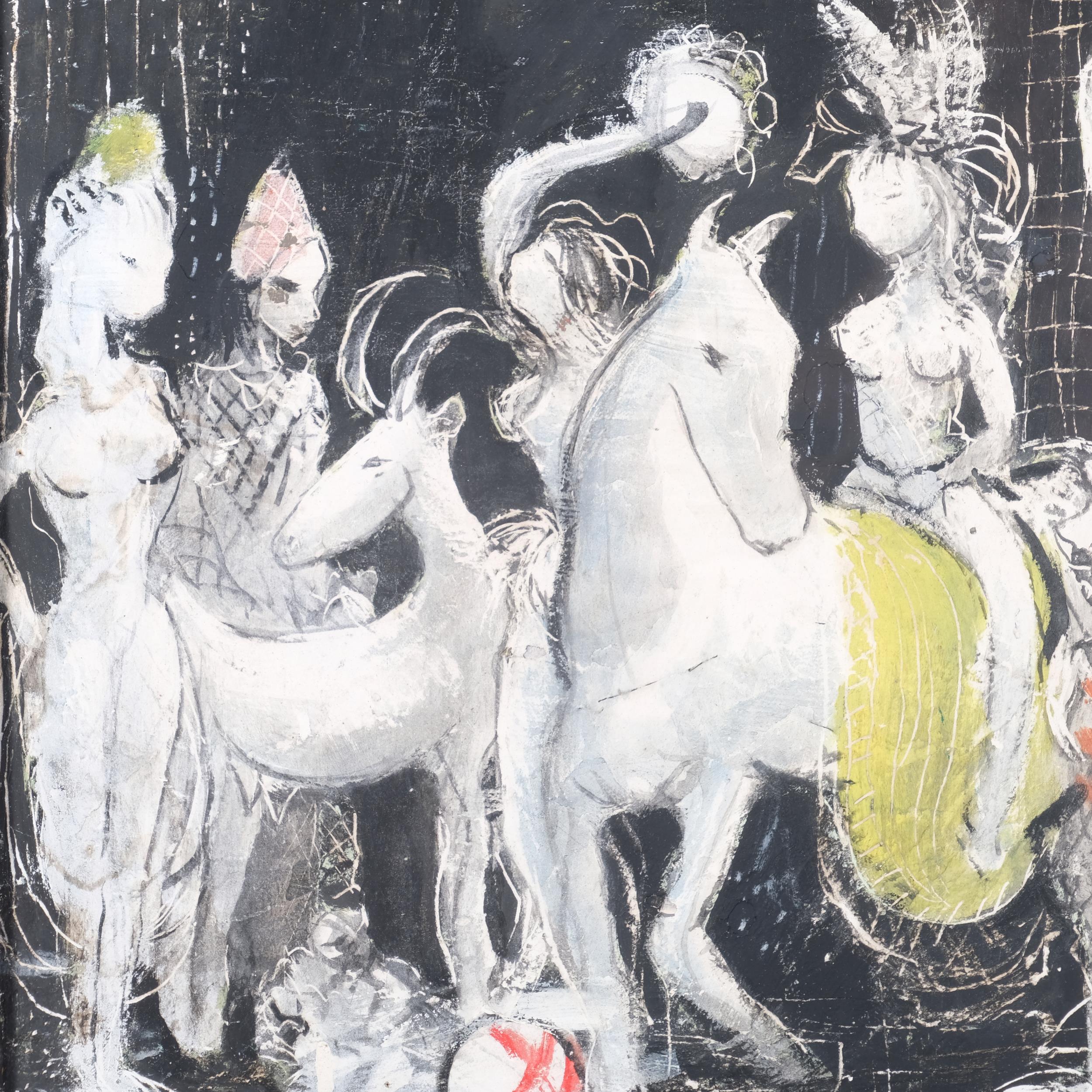 David Cox RWA ROI (1914 - 1979), circus performers, mixed media on board, inscribed verso, 41cm x - Image 2 of 4