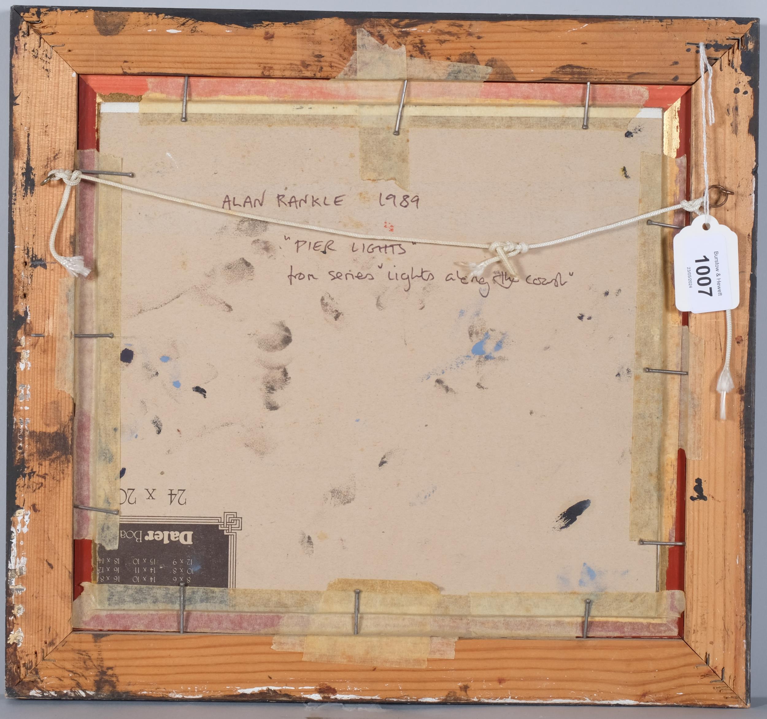 Alan Rankle, pier lights, 1989, oil on board, inscribed verso, 25cm x 28cm, framed Good original - Image 4 of 4