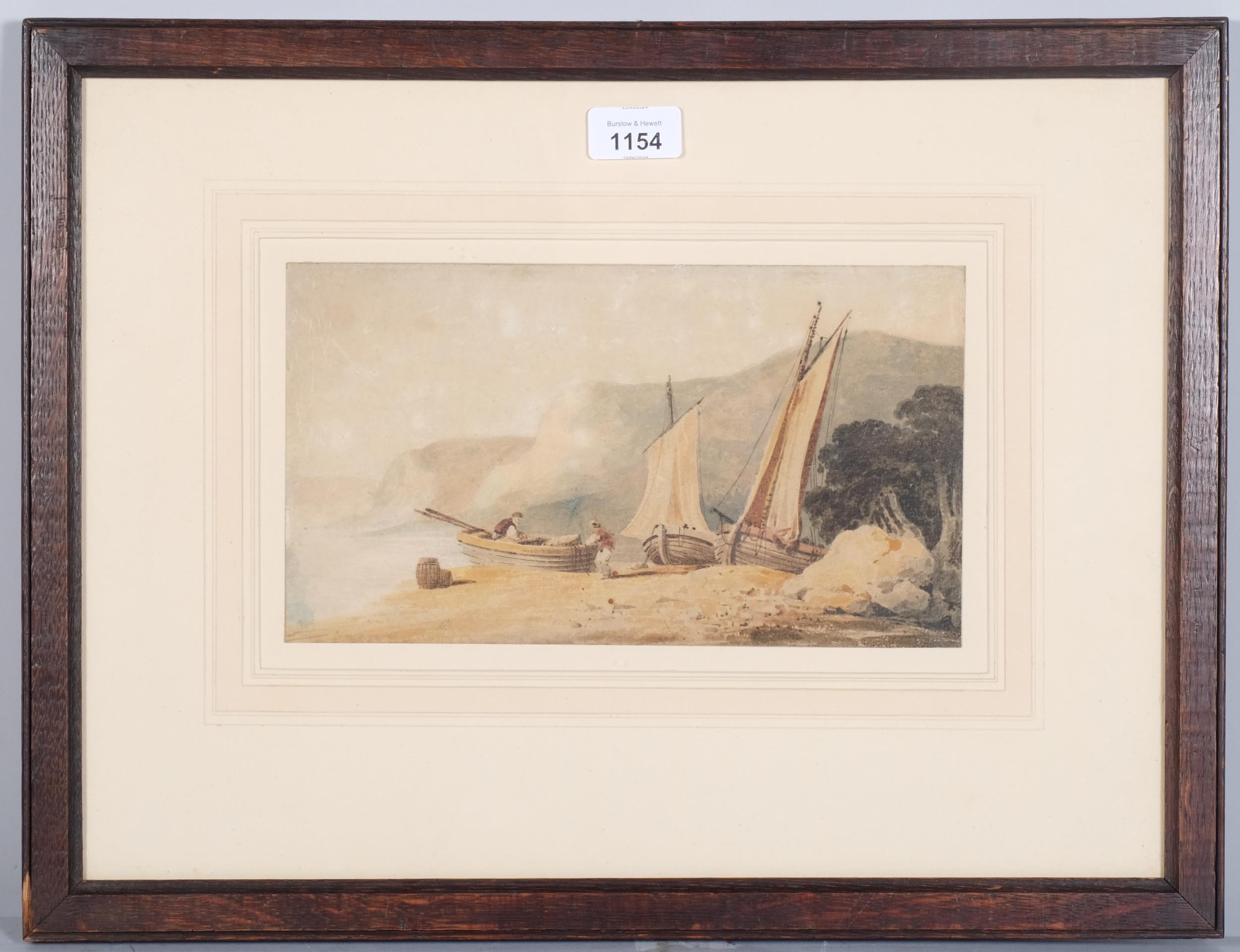 Beached fishing boats, early 19th century watercolour, unsigned, 15cm x 28cm, framed Paper - Image 2 of 4