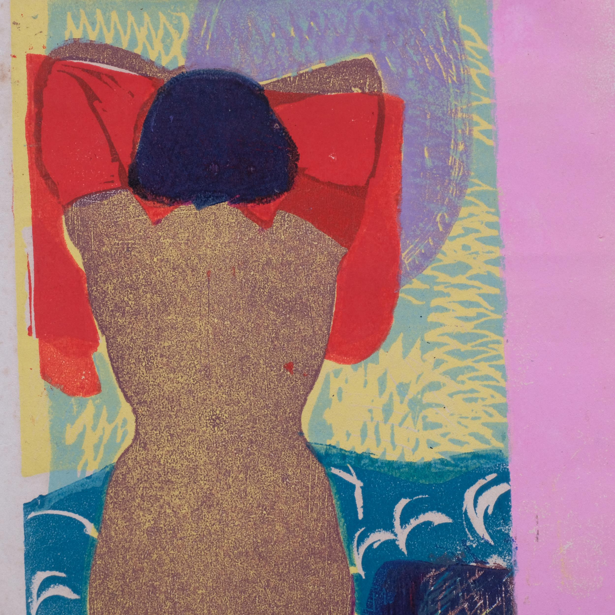 Edgar Holloway, woman dressing, colour woodcut print, signed in pencil, sheet 44cm x 23cm, - Bild 2 aus 4