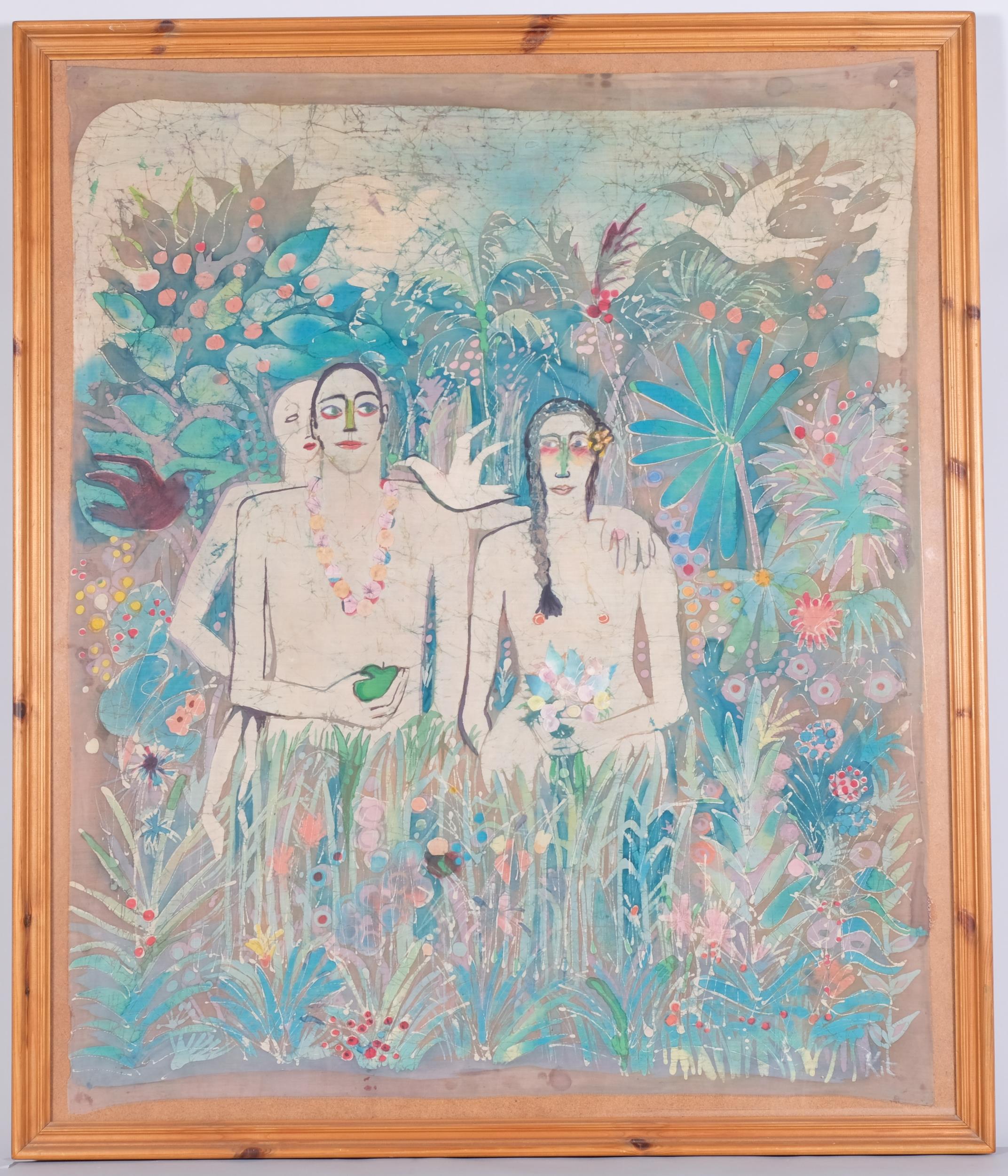 Kitty French (1929 - 1989), Adam and Eve, wax resist painting on fabric, framed with Exhibition