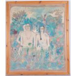 Kitty French (1929 - 1989), Adam and Eve, wax resist painting on fabric, framed with Exhibition