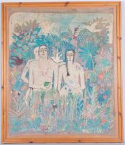 Kitty French (1929 - 1989), Adam and Eve, wax resist painting on fabric, framed with Exhibition