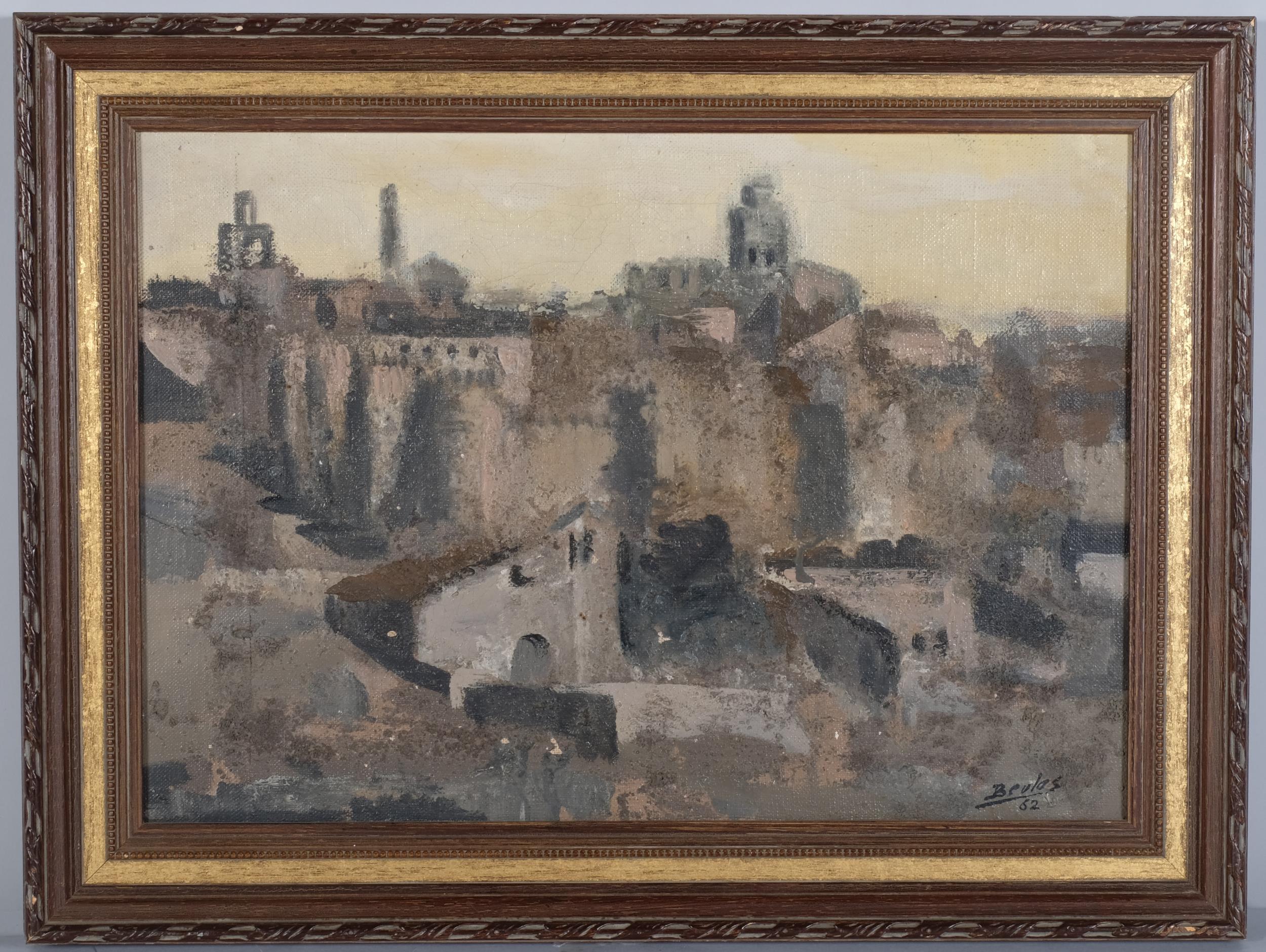 Jose Beulas (1921 - 2017), Continental hilltop village, oil on board, signed and dated '52, 31cm x