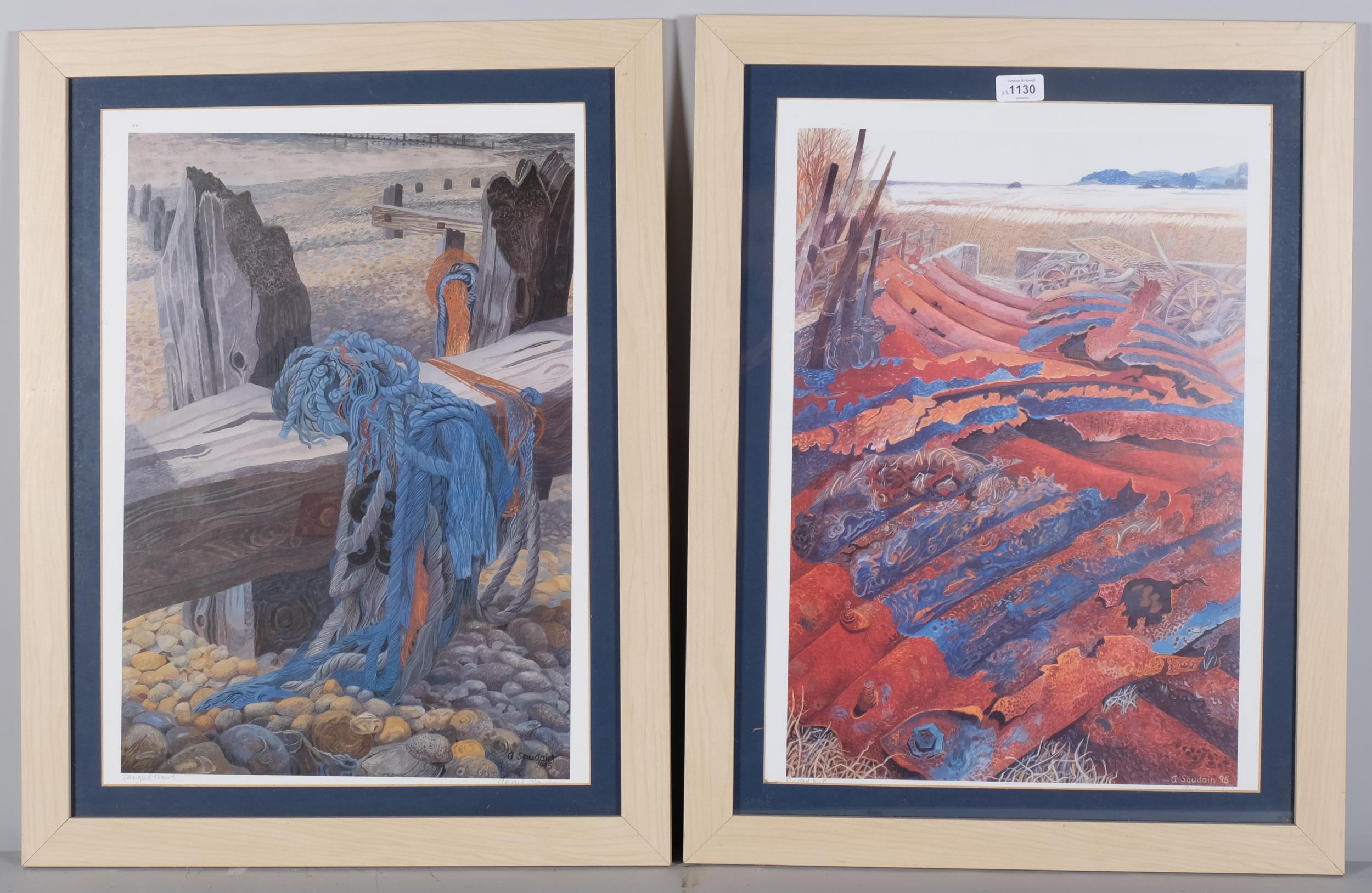 Annie Soudain, pair of beach scenes, colour lithographs, signed in pencil, image 52cm x 36cm, framed