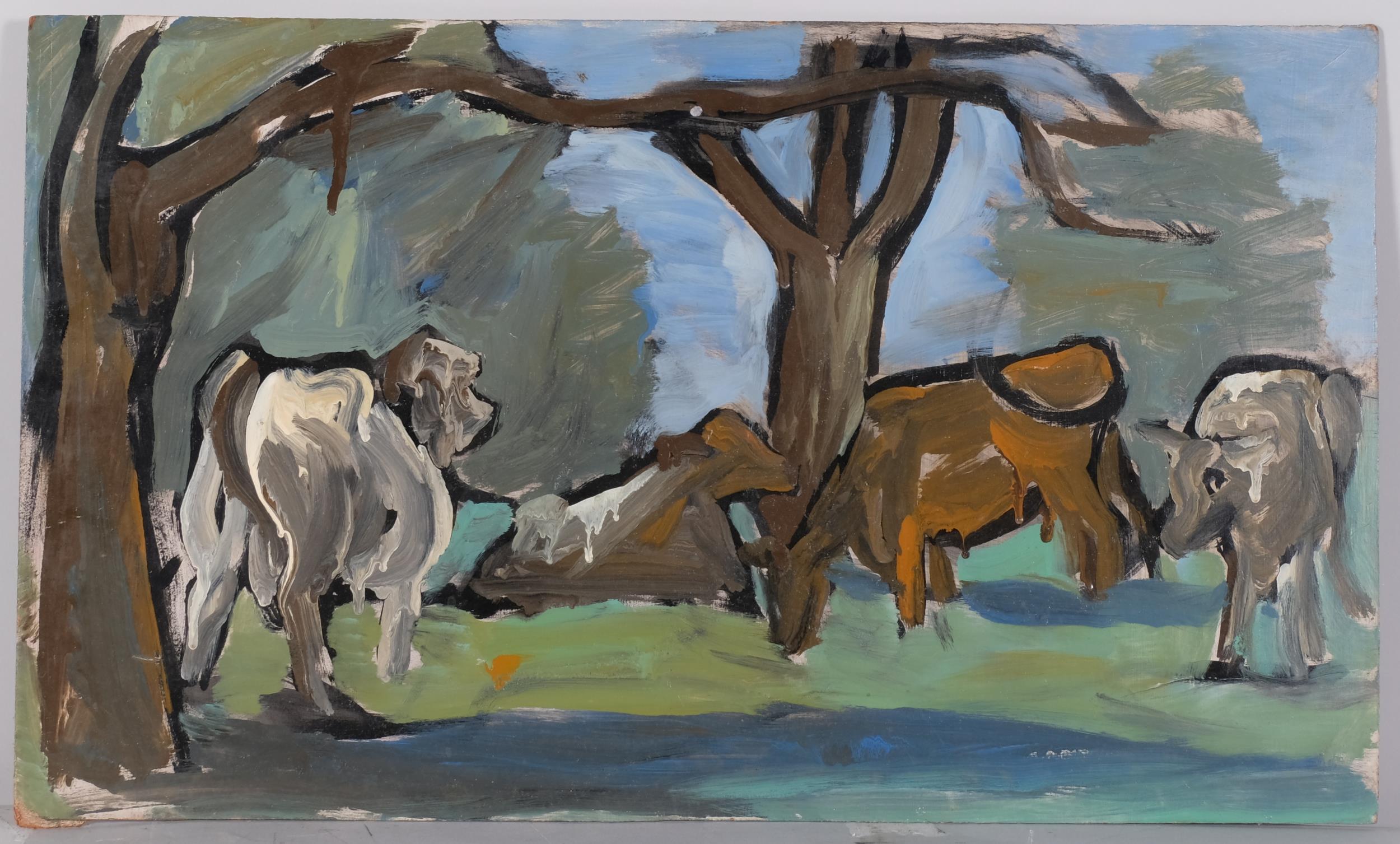 Maureen Robinette, cows sheltering under trees, mid-20th century oil on board, signed with monogram,