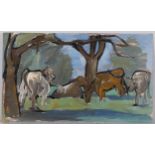 Maureen Robinette, cows sheltering under trees, mid-20th century oil on board, signed with monogram,
