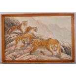 Chinese School, tigers in the mountains, watercolour on silk, unsigned, 35cm x 52cm, framed Good