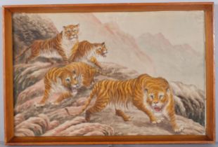 Chinese School, tigers in the mountains, watercolour on silk, unsigned, 35cm x 52cm, framed Good