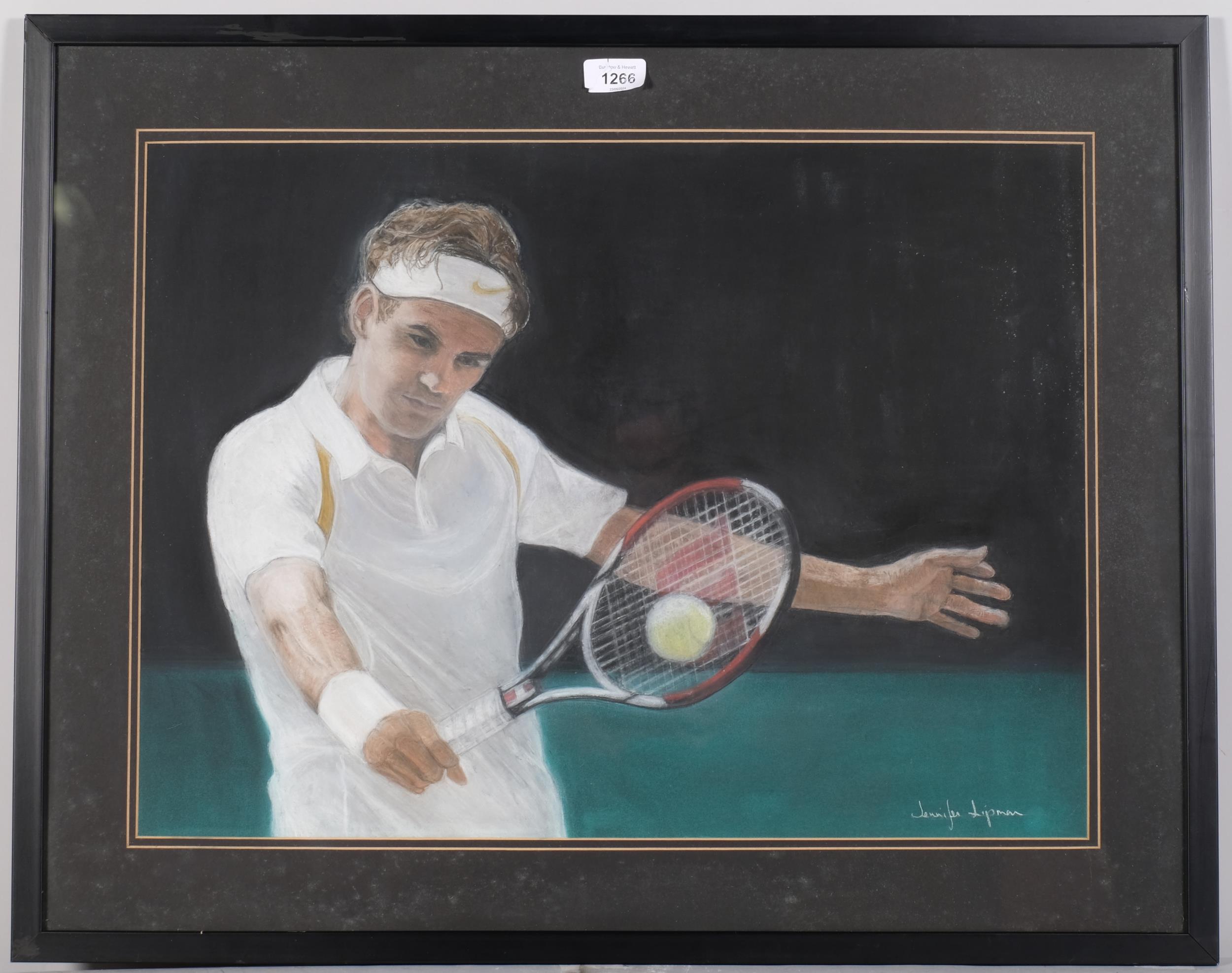 Jennifer Lipman (1935 - 2022), Roger Federer, coloured pastels, signed, 42cm x 58cm, framed Good - Image 2 of 4