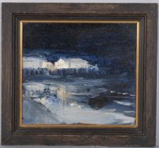 Alan Rankle, pier lights, 1989, oil on board, inscribed verso, 25cm x 28cm, framed Good original