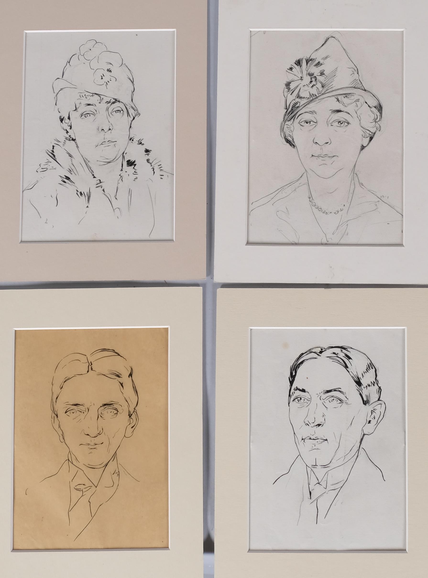 French School, a group of 12 portraits, pen and ink, 4 double-sided, circa 1920, mounted Slight - Image 2 of 4