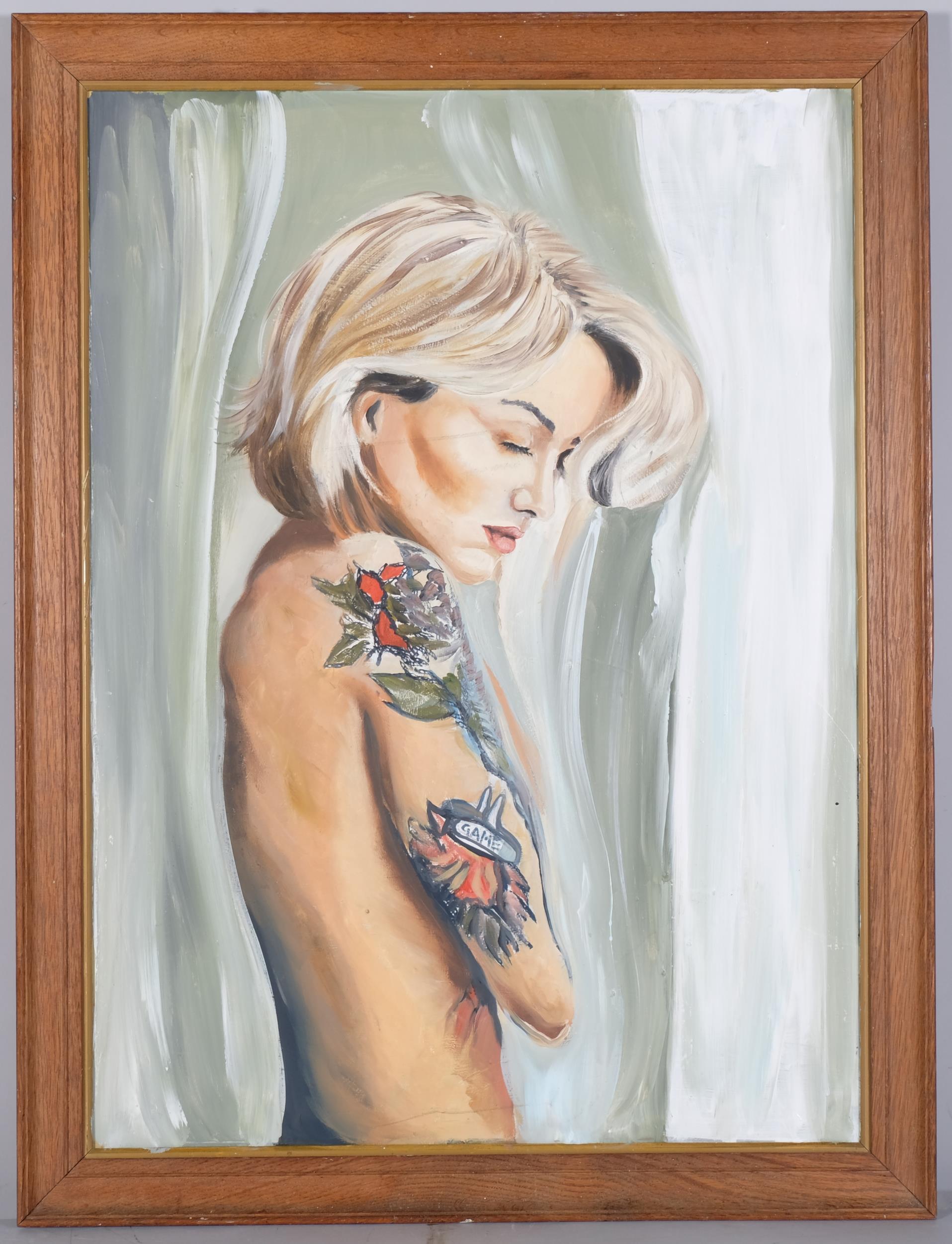 Portrait of a girl with tattoos, contemporary oil on board, unsigned, 75cm x 55cm, framed Good - Image 2 of 4