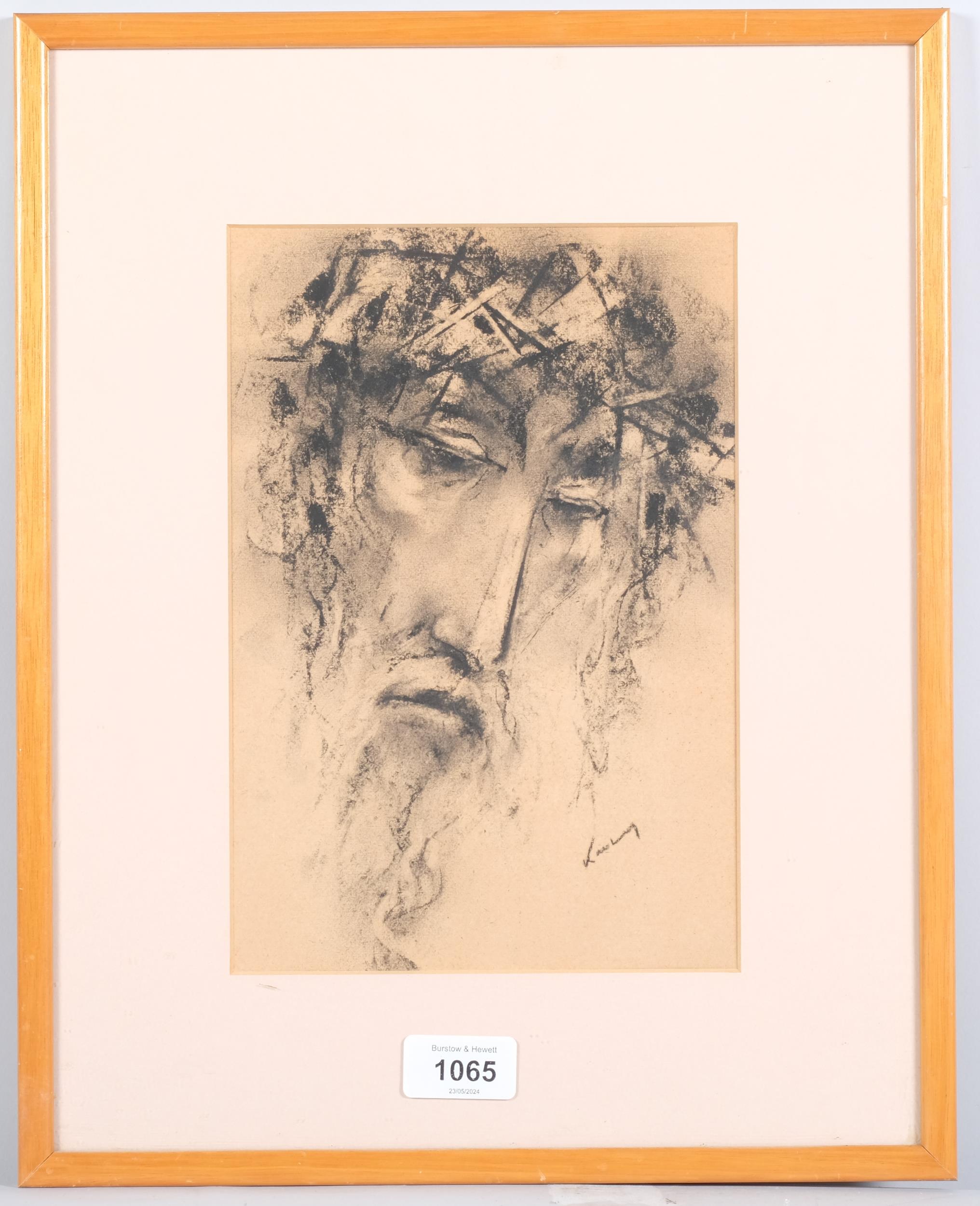 Portrait of Christ, charcoal on paper, indistinctly signed, 25cm x 17cm, framed Good condition - Image 2 of 4