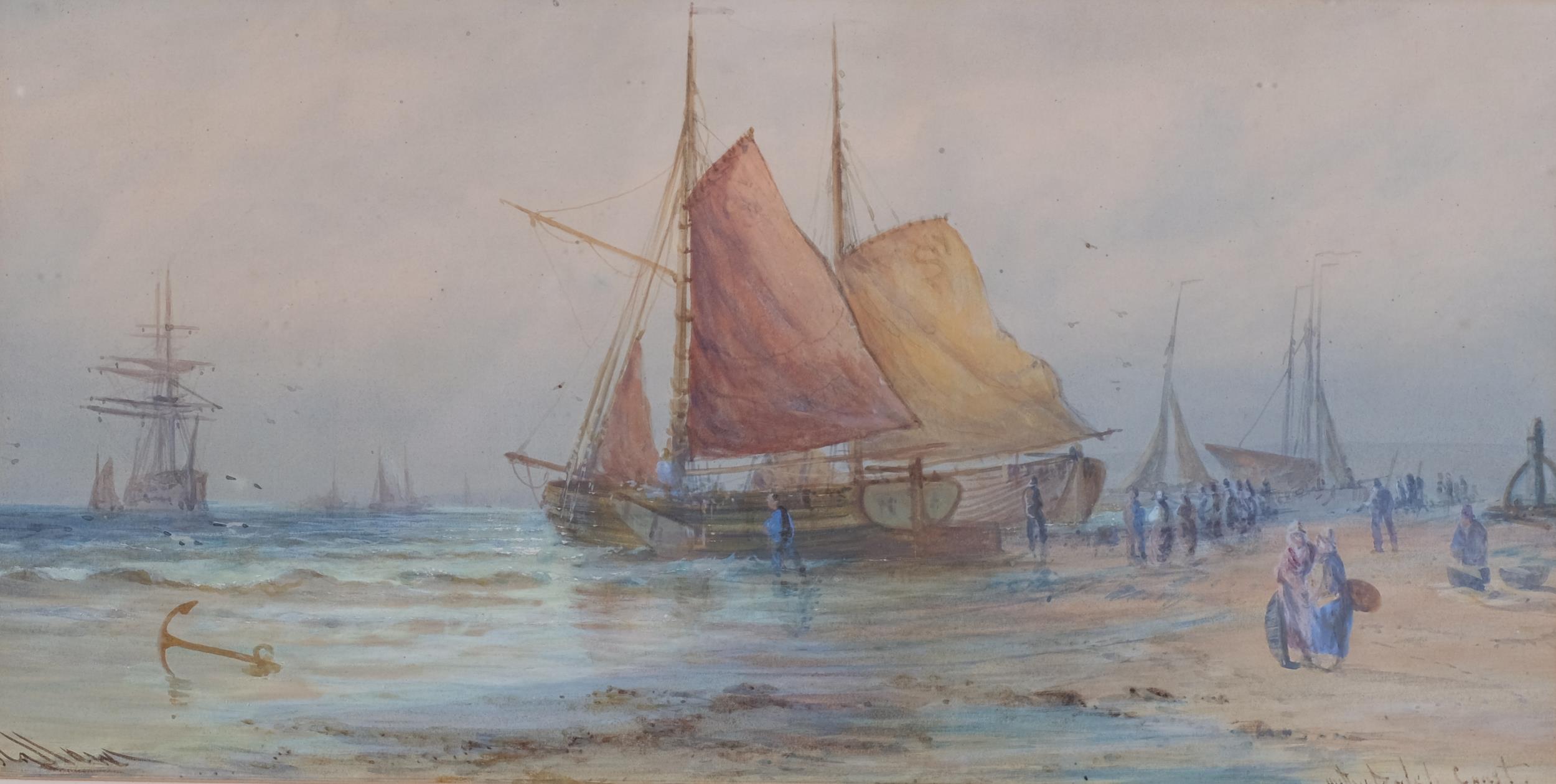 John Callow RWS (1822 - 1878), on the Dutch coast, watercolour, signed, 23cm x 46cm, framed Slight