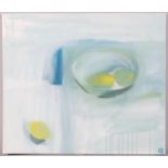 Karen Birchwood, abstract still life, oil on canvas, signed with monogram, 60cm x 70cm, unframed