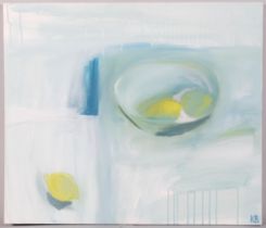 Karen Birchwood, abstract still life, oil on canvas, signed with monogram, 60cm x 70cm, unframed