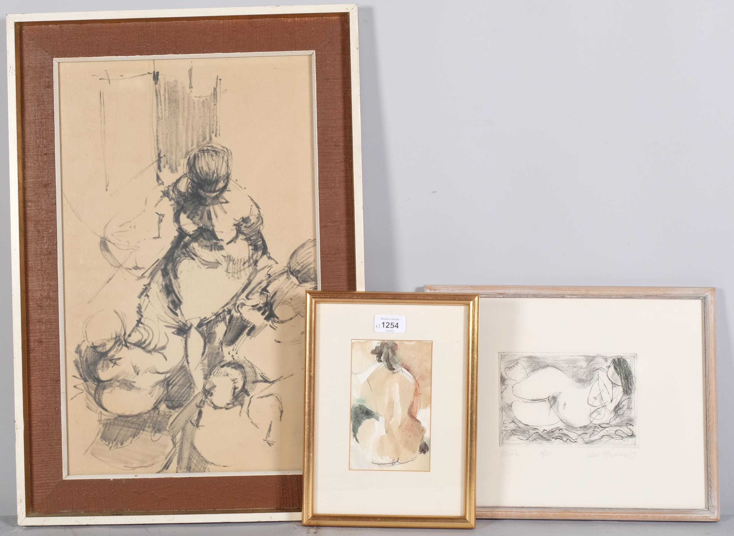 3 female nudes, including works by Ken Townsend (etching), and Beatrice Lacey, framed (3)