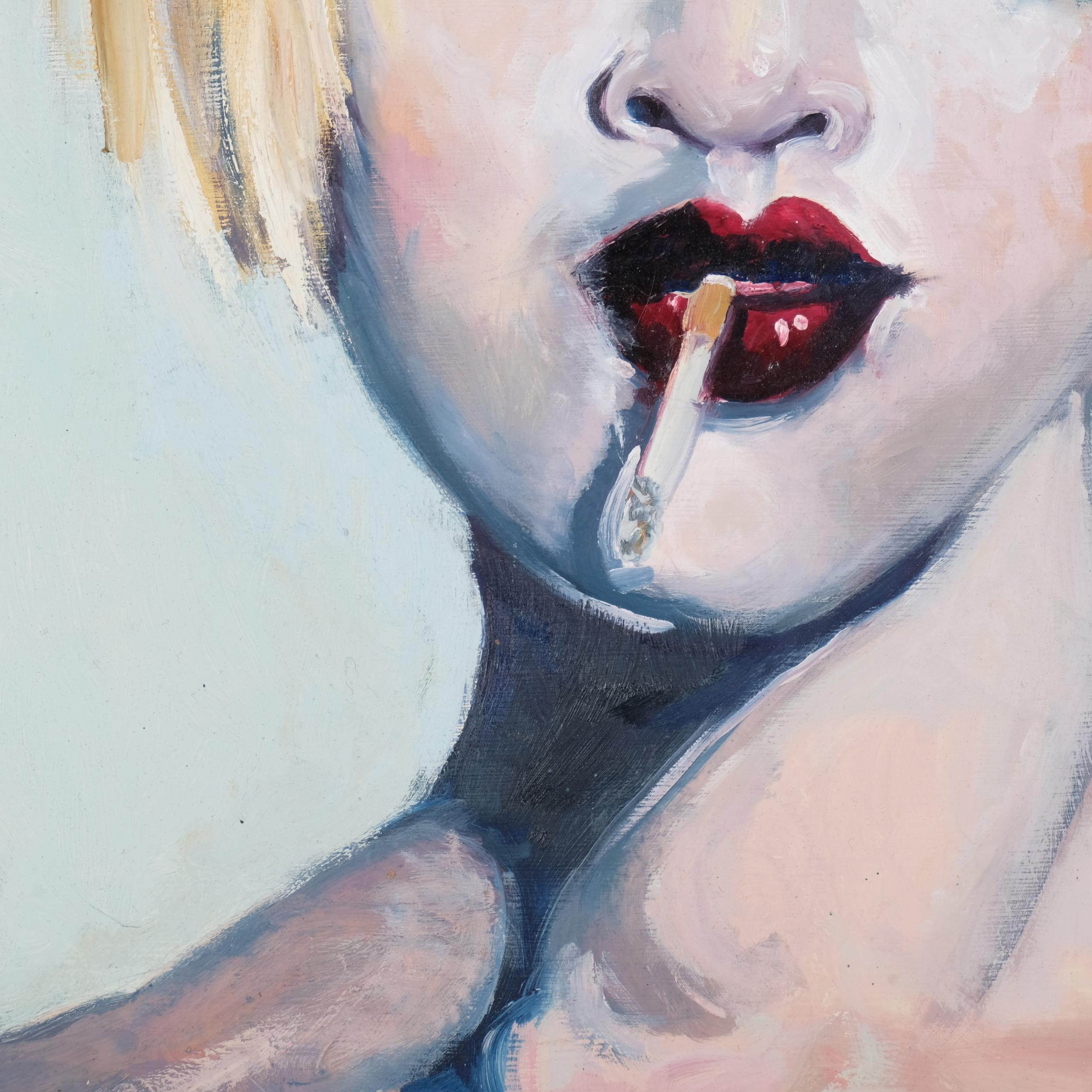 Portrait of a girl smoking, contemporary oil on board, 47cm x 50cm, framed Good condition - Image 3 of 4